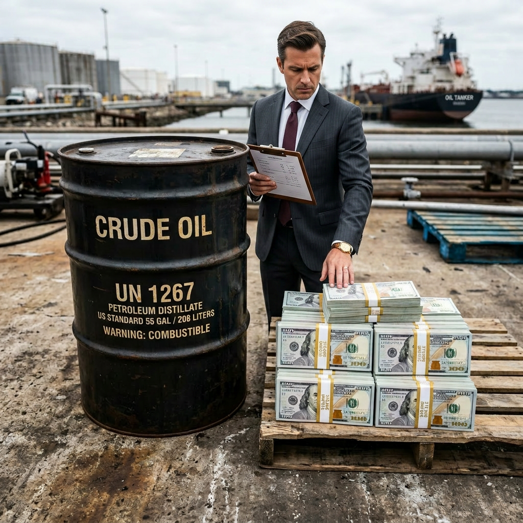 Black crude oil barrel labeled with safety warnings beside bundles of US dollar bills on wooden pallet