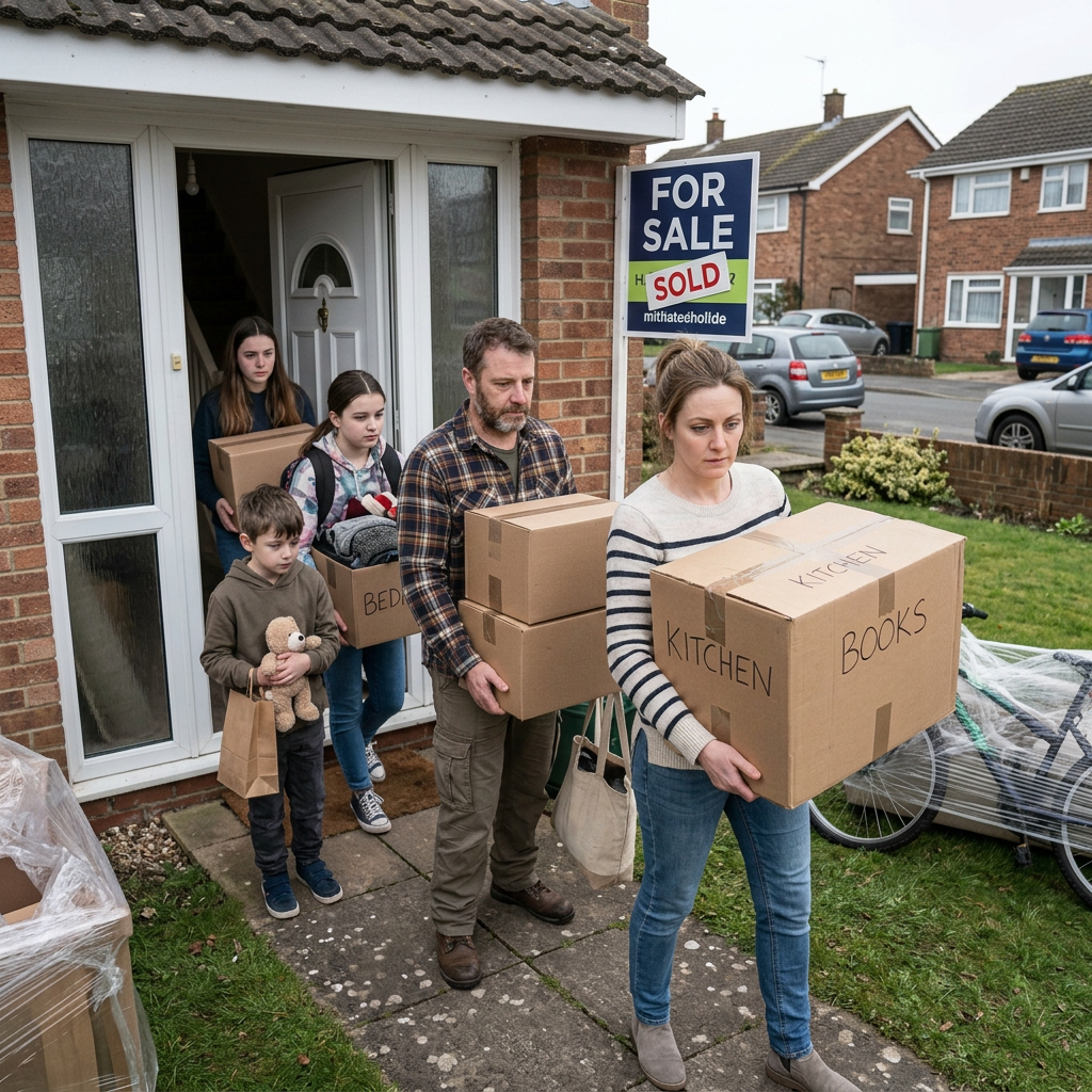 Family carrying labeled moving boxes inside a house