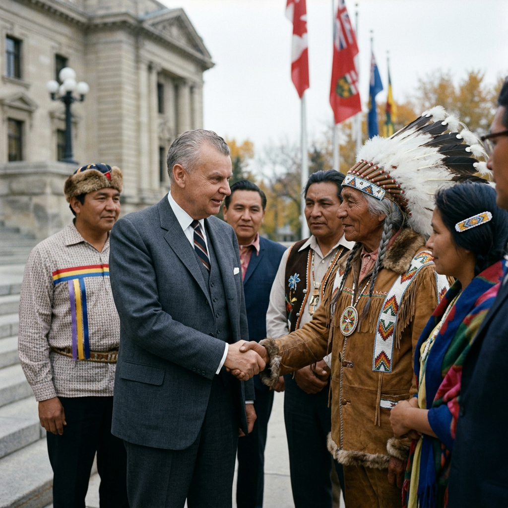 Government official shaking hands with Indigenous leader outside a civic building