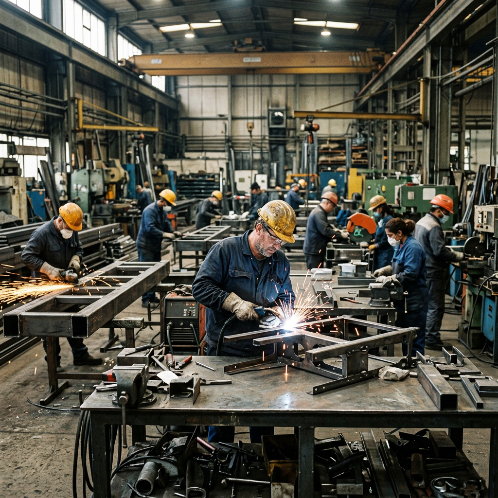 Workers welding metal frames in a busy industrial workshop